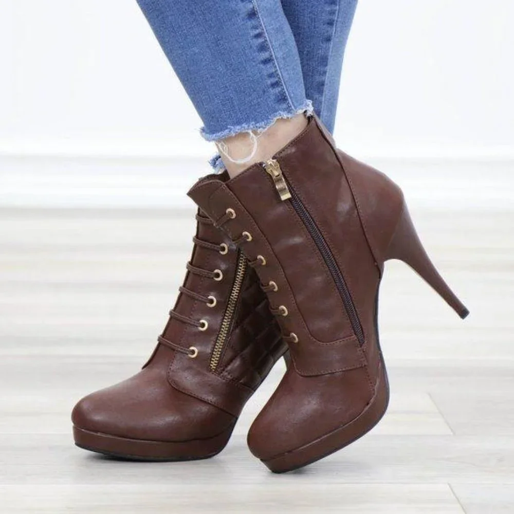 Brown Platform High Heel Ankle Boots - Picture 11 of 14